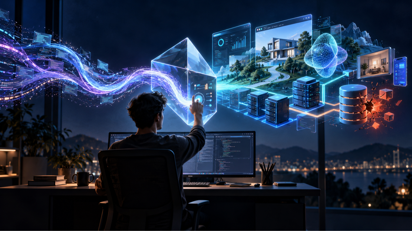 Developer guiding an AI coding system that creates apps, dashboards and servers, while a fractured database highlights production risks.