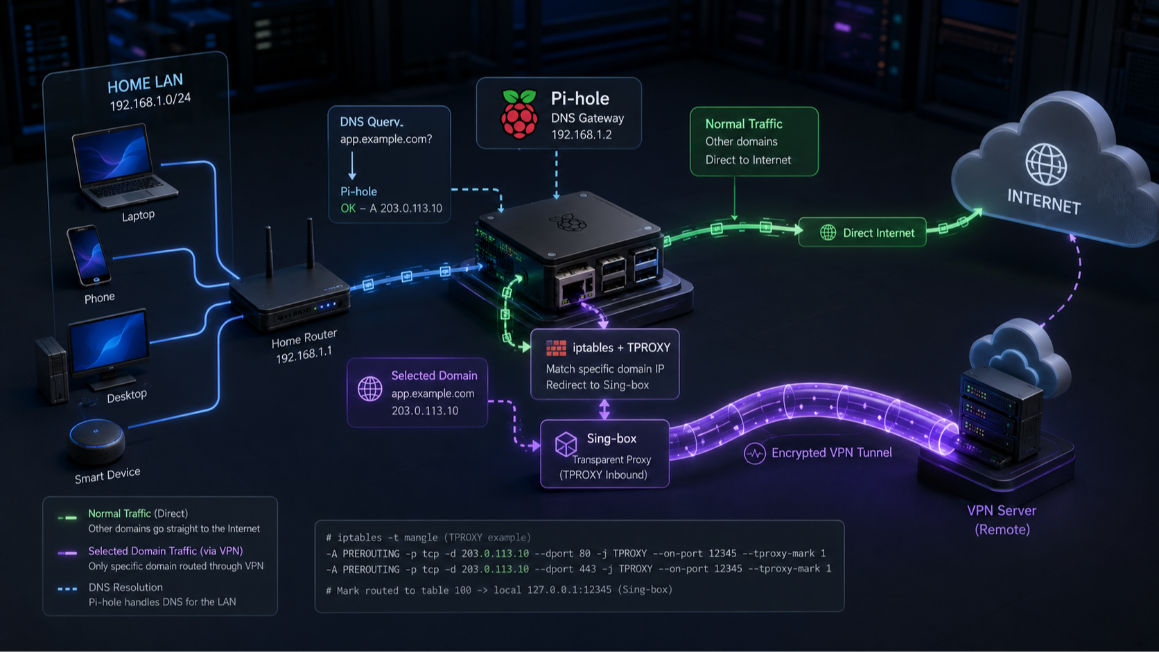 Selective VPN Routing Using Pi-hole, iptables, and Sing-box